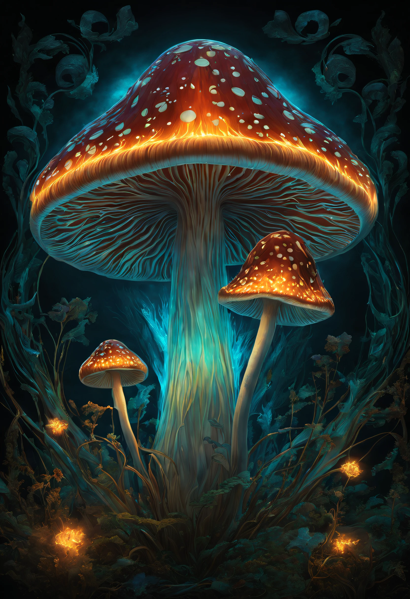 A majestic Mushroom glows with ethereal Bioluminescent radiance, adorned in a ring of mesmerizing fire, Embrace the enchantment of Art Nouveau's symmetrical allure, vividly portraying luminosity and bioluminescence, highres, HD, high quality, high details