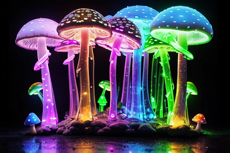 (Best quality,A high resolution,ultra - detailed),(Transparent mushroom with neon light,There are very complex text patterns on the surface of mushrooms),Urban street style mushrooms,Mushrooms in doodle style,Glowing neon line transparent mushroom,Enigmatic Atmosphere,Colorful lights