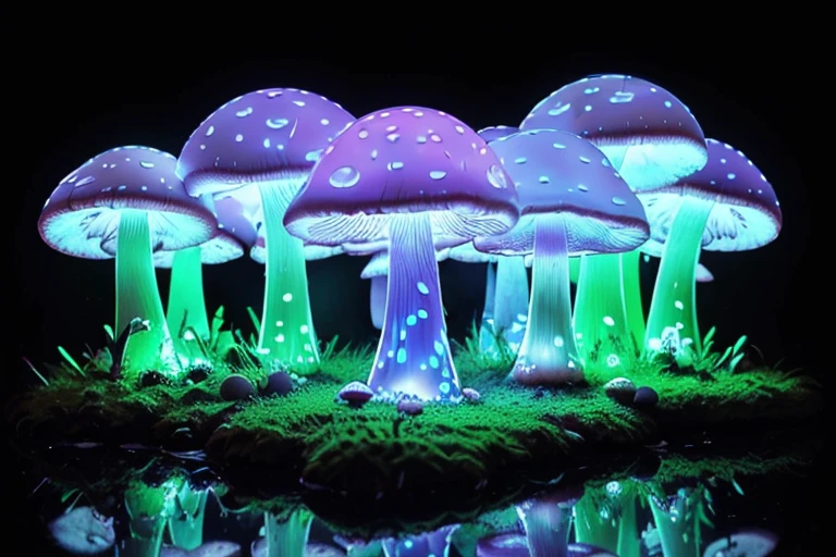 (Best quality,A high resolution,ultra - detailed),(Transparent mushroom with neon light,There are very complex text patterns on the surface of mushrooms),Urban street style mushrooms,Mushrooms in doodle style,Glowing neon line transparent mushroom,Enigmatic Atmosphere,Colorful lights