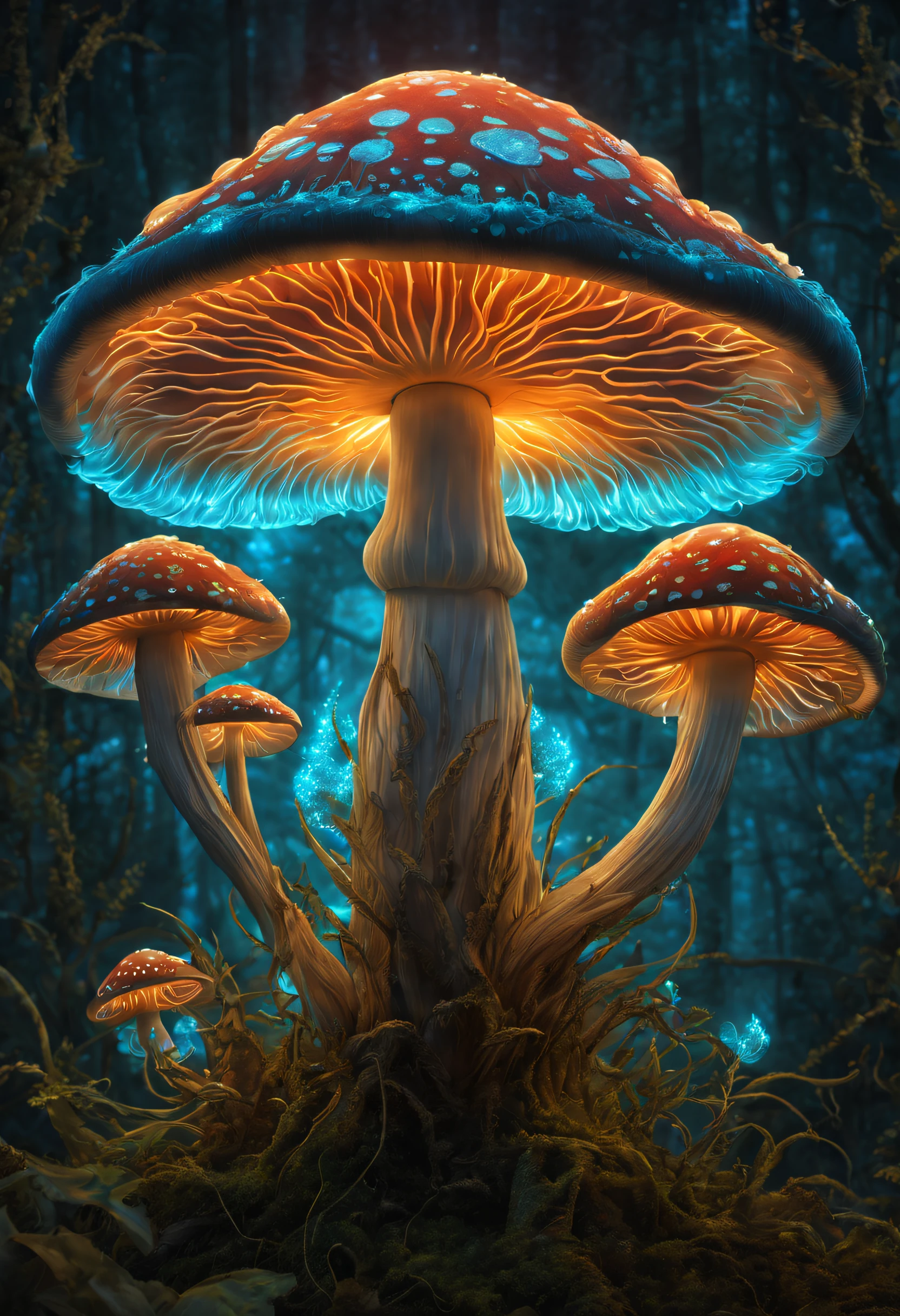 A majestic Mushroom glows with ethereal Bioluminescent radiance, adorned in a ring of mesmerizing fire, Embrace the enchantment of Art Nouveau's symmetrical allure, vividly portraying luminosity and bioluminescence, highres, HD, high quality, high details