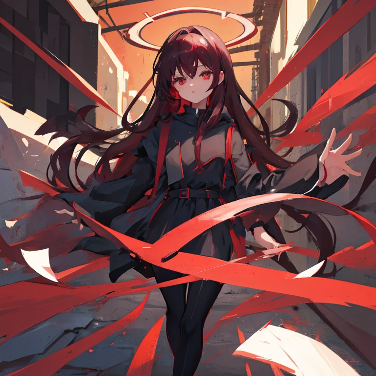 Girl with dark burgundy long hair, with dark red eyes in a tight black dress, with a slim figure