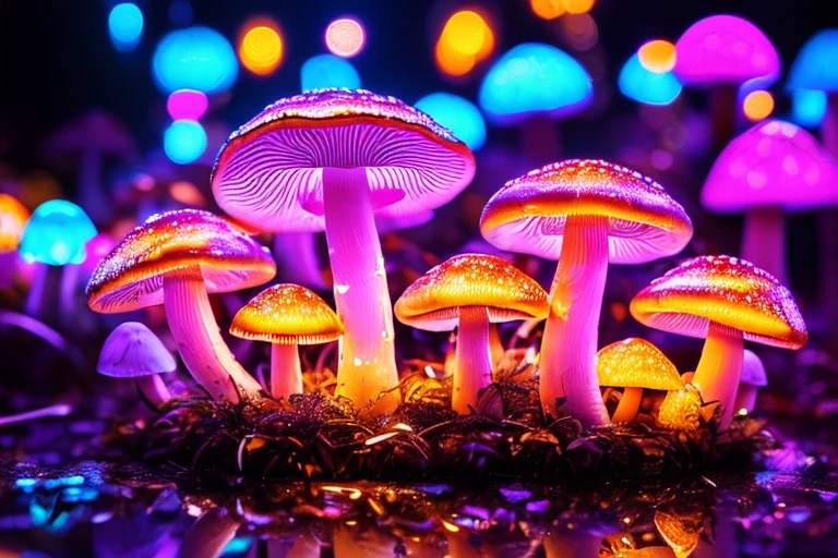 (Best quality at best,A high resolution,ultra - detailed),(Transparent mushroom with neon light,Mushrooms have very complex text patterns on their surface),Urban street style mushrooms,Mushrooms in doodle style,Glowing neon line transparent mushroom,Enigmatic Atmosphere,Colorful lights