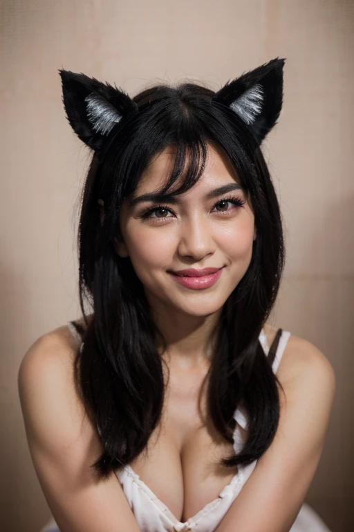 black hair, hair bobbles, wince, longeyelashes, solid circle eyes, fake animal ears, light smile, ear blush, fang, Surrealism, drop shadow, anaglyph, stereogram, tachi-e, pov, atmospheric perspective, 8k, super detail, ccurate, best quality