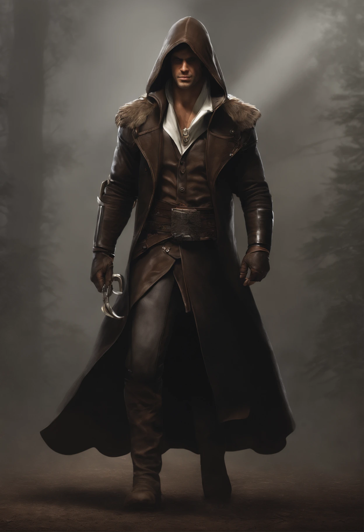 higly detailed, Clarity, 8 months, Guy, 35 years old, Dark brown hair, shingle, dark eyes, the hood covers the head and covers the face, Faded white clothes, over regular clothes, for example a shirt, trousers and boots. hood with traditional pointed tip, resembling the beak of a bird of prey, short leather coat, attached to one shoulder, and a wide belt, ,真实感, Realistic,There is a man, who smiles, Brutal, muscular!!, man 35 years old,Brutal man, hood protects the face,