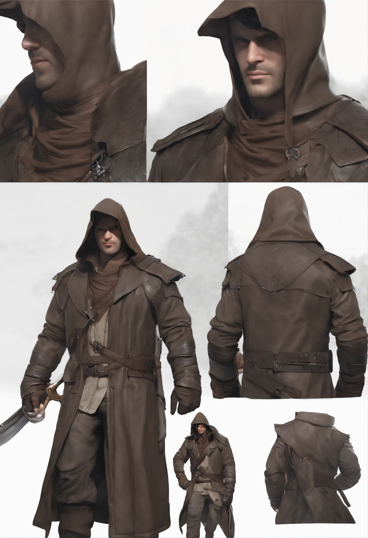 higly detailed, Clarity, 8 months, Guy, 35 years old, Dark brown hair, shingle, dark eyes, the hood covers the head and covers the face, Faded white clothes, over regular clothes, for example a shirt, trousers and boots. hood with traditional pointed tip, resembling the beak of a bird of prey, short leather coat, attached to one shoulder, and a wide belt, ,真实感, Realistic,There is a man, who smiles, Brutal, muscular!!, man 35 years old,Brutal man, hood protects the face,