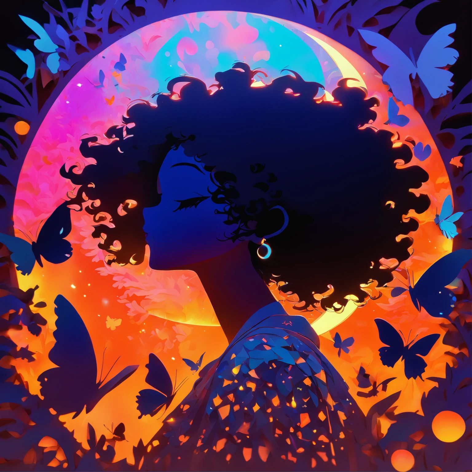 ( 2D Layered paper cutting, Silhouette Art)silvery moon, 1 solo girl with curl Afro hair, urban casual fashion clothing, backlighting, soft glowing highlight, intricate masterpiece, digital art, storybook character, orange twilight , beautiful detailed face, butterflies, 96k, hyper detailed, Gradient rainbow textured glass background by Loish and Yummei, negative space,