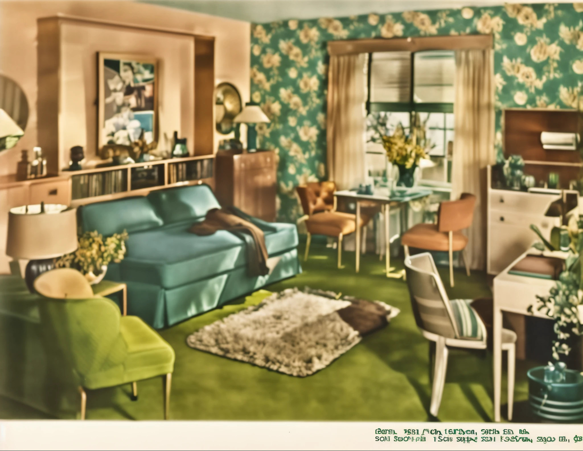 arafed photo of a living room with a blue couch and a green chair, cozy 1 9 5 0's, 1 9 5 0's decor, 1950s art deco, 1930s, 1 9 3 0 s, atomic age maximalist, 1 9 2 0 s room, 1 9 4 0 s, 1940s
