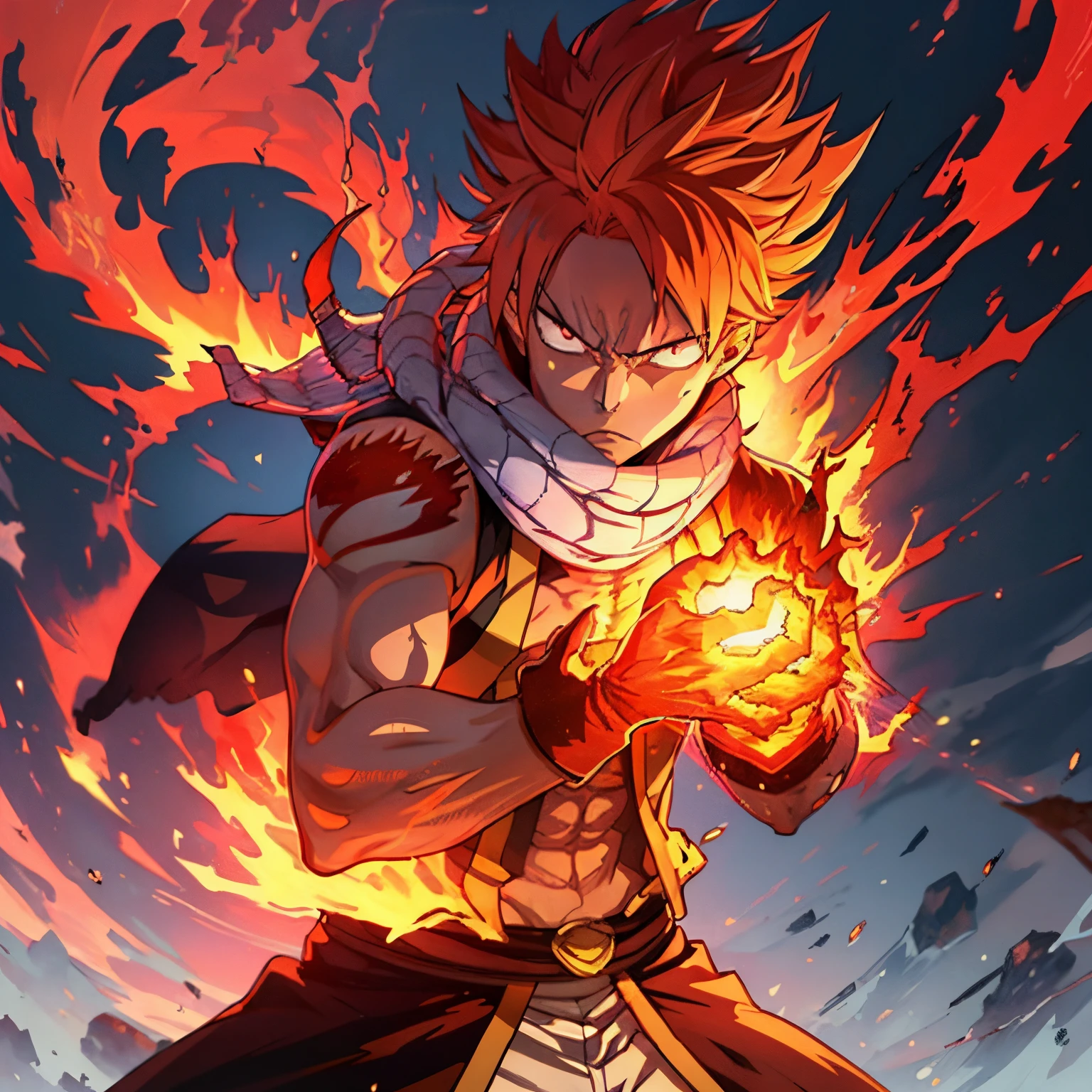 best quality,ultra-detailed,portrait,painting,fire magic,red hair,dramatic lighting,flames,fierce expression,smoking hot,anime style,vivid colors,fiery background,scorched earth,spiky hair,dragon slayer,scarf,wild attitude,fireball,strength,confidence,fiery eyes,intense aura,zoomed-in shot,action pose,muscular physique,fantasy world,flaming fists,fighting spirit,limitless power-boost,majestic,roaring flames,blazing battle,energetic,passionate,adventurous,heroic,aspiring,unwavering determination,unstoppable,immense heat,raging inferno,noble purpose