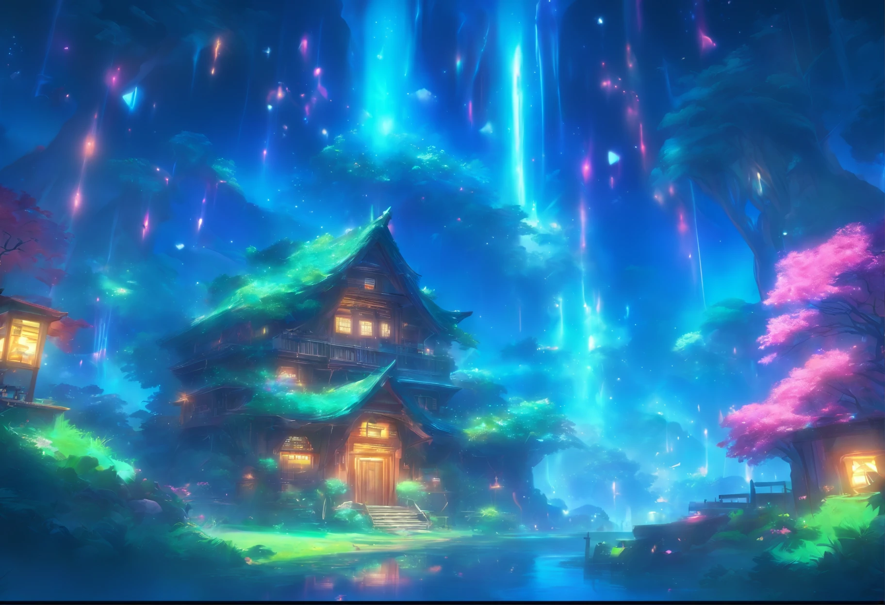（（（Giant rainbow banana house emits auroras，covered with vines，leafs，fresh flowers））），Intense contour light，Luminous inside，Colorful，（（Best quality at best））， （（tmasterpiece）），Enhanced dynamic viewing angle，Sparkling creek，（weeds），flowers blooming，glowing effect，ultra - detailed，Works of masters，high high quality，8K分辨率，depth of fields，电影灯光，epic graphics，high high quality，ultra - detailed，Detailed pubic hair，Accurate，电影灯光