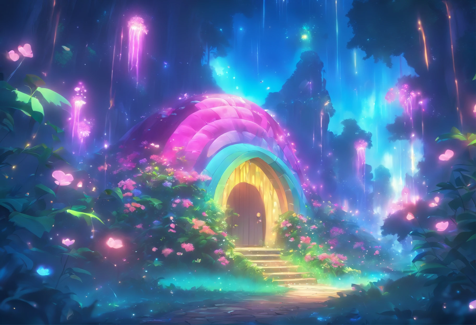 (((Giant rainbow banana house emits auroras,covered with vines,leafs,fresh flowers))),Intense contour light,Luminous inside,Colorful,((Best quality at best)), ((tmasterpiece)),Enhanced dynamic viewing angle,Sparkling creek,(weeds),flowers blooming,glowing effect,ultra - detailed,Works of masters,high high quality,8K分辨率,depth of fields,电影灯光,epic graphics,high high quality,ultra - detailed,Detailed pubic hair,Accurate,电影灯光