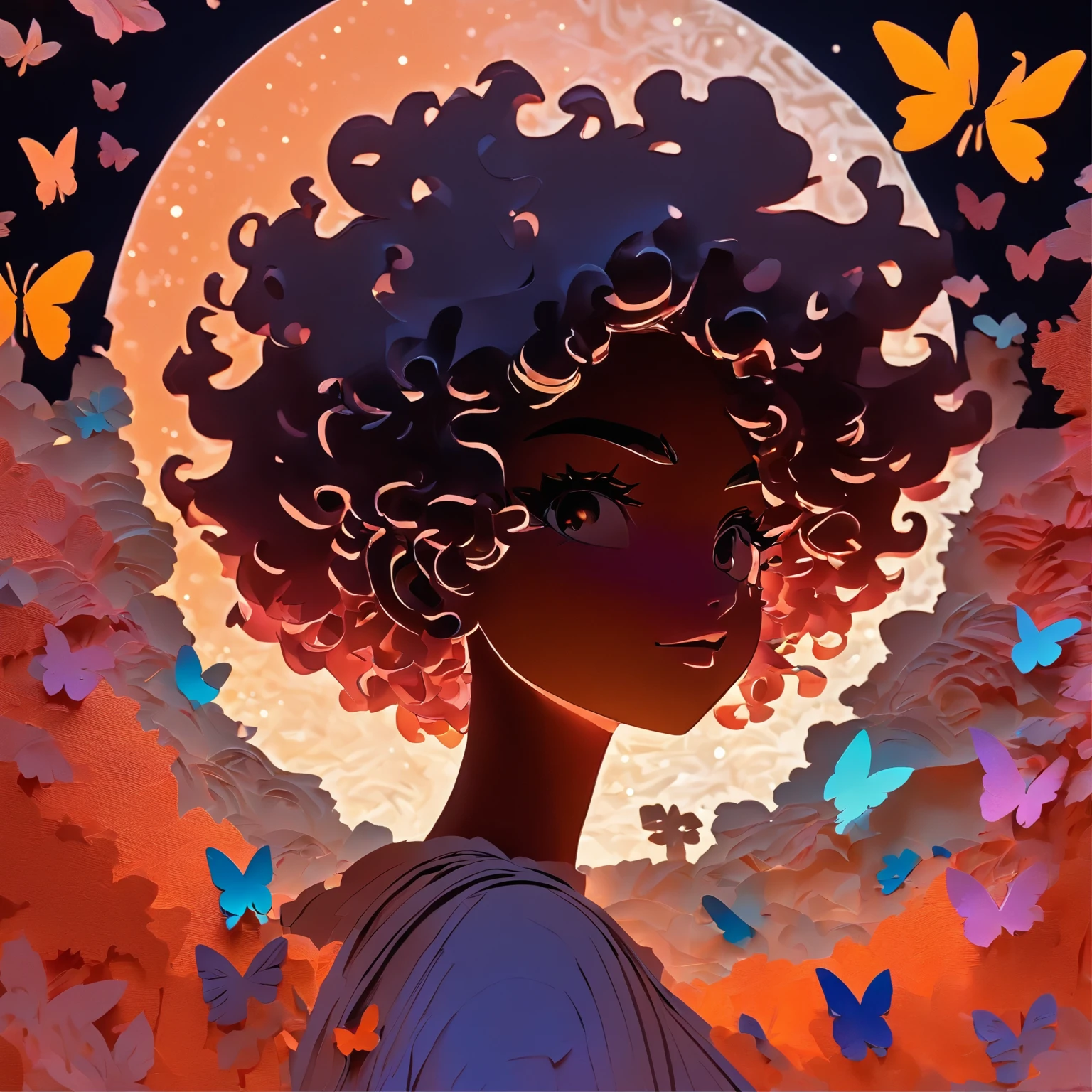 ( 2D Layered paper cutting art, Silhouette Art)silvery moon, 1 solo girl with curly Afro hair silhouette, urban casual fashion clothing, backlighting, soft glowing highlight, intricate masterpiece, digital art, whimsical storybook character, orange twilight , beautiful detailed face, butterflies, 96k, hyper detailed, Gradient rainbow textured glass background by Loish and Yummei, negative space, mythical