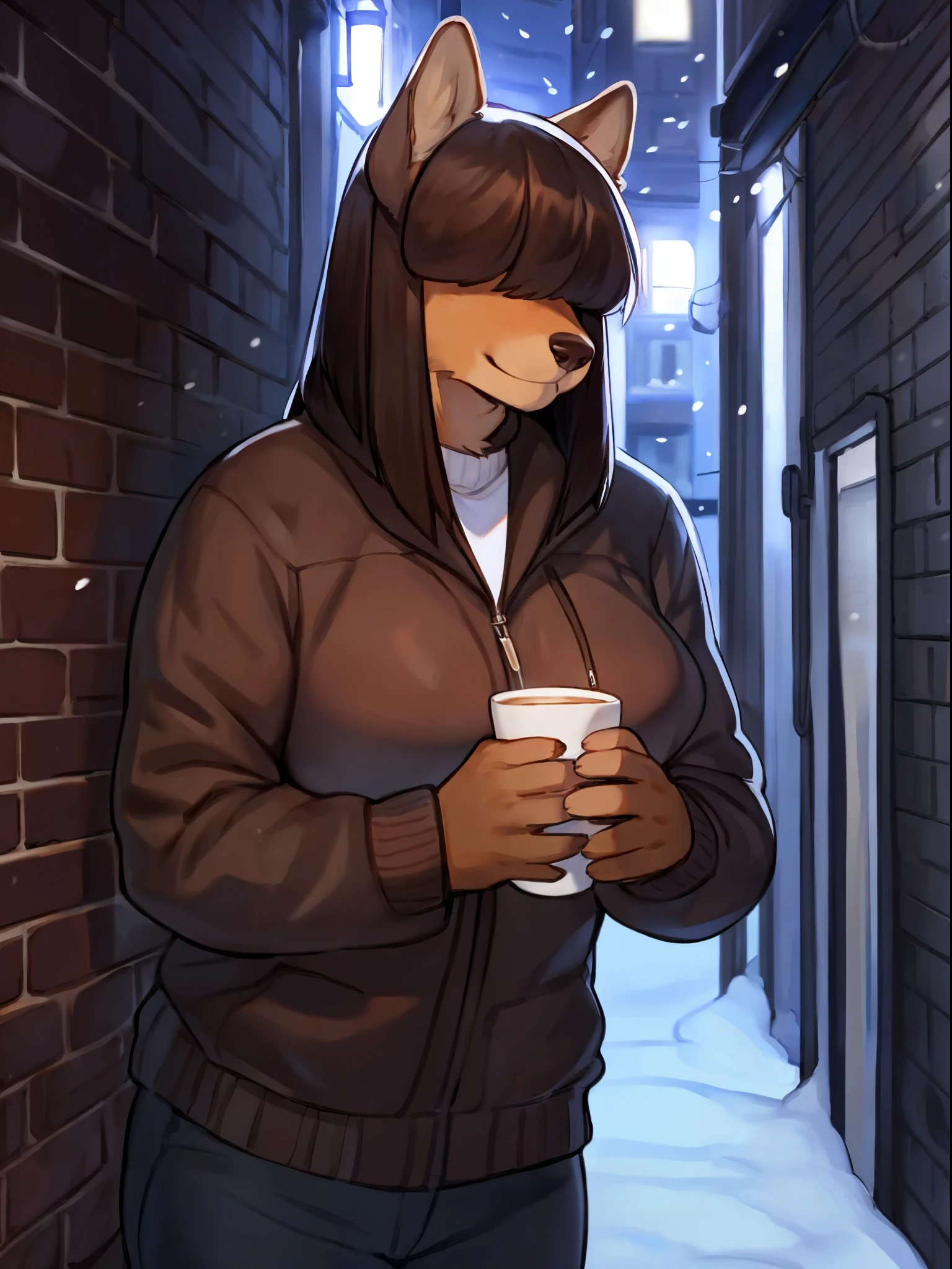 By bebebebebe, by chelodoy, by lostgoose, by goonie-san, solo, female, canine, ((snout, hair covering eyes, straight hair, medium hair, flat hair, thin snout, brown fur)), dark maroon hair, big breasts, (muscular), alley, winter, snow, snowing, smiling, looking at viewer, holding a hot cup of coffee, standing