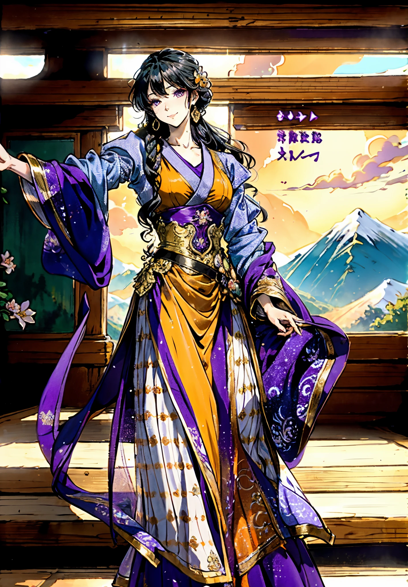 A mature woman, medium-length black-purple hair, curly bangs, sly eyes, a playful smile, an elegant and wise demeanor, a simple fantasy martial arts-style orange two-piece dress with a long skirt, wide sleeves, a flowing hem, Gracefully strolling in an ancient building towering among the mountains, this character embodies a finely crafted fantasy martial arts-style female warrior in anime style, exquisite and mature manga art style, high definition, best quality, highres, ultra-detailed, ultra-fine painting, extremely delicate, professional, anatomically correct, symmetrical face, extremely detailed eyes and face, high quality eyes, creativity, RAW photo, UHD, 8k, Natural light, cinematic lighting, masterpiece-anatomy-perfect, masterpiece:1.5
