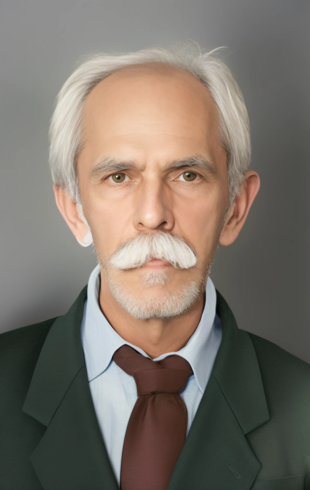 there is a man with a mustache and a suit jacket, Velho com bigode, rosto restaurado realista, inspired by László Eloquent, inspirado em Zbigniew Nowosadzki, inspired by József Borsos, inspirado em Heinrich Herzig, inspired by Stanisław Tondos, inspirado em Stanley Twardowicz