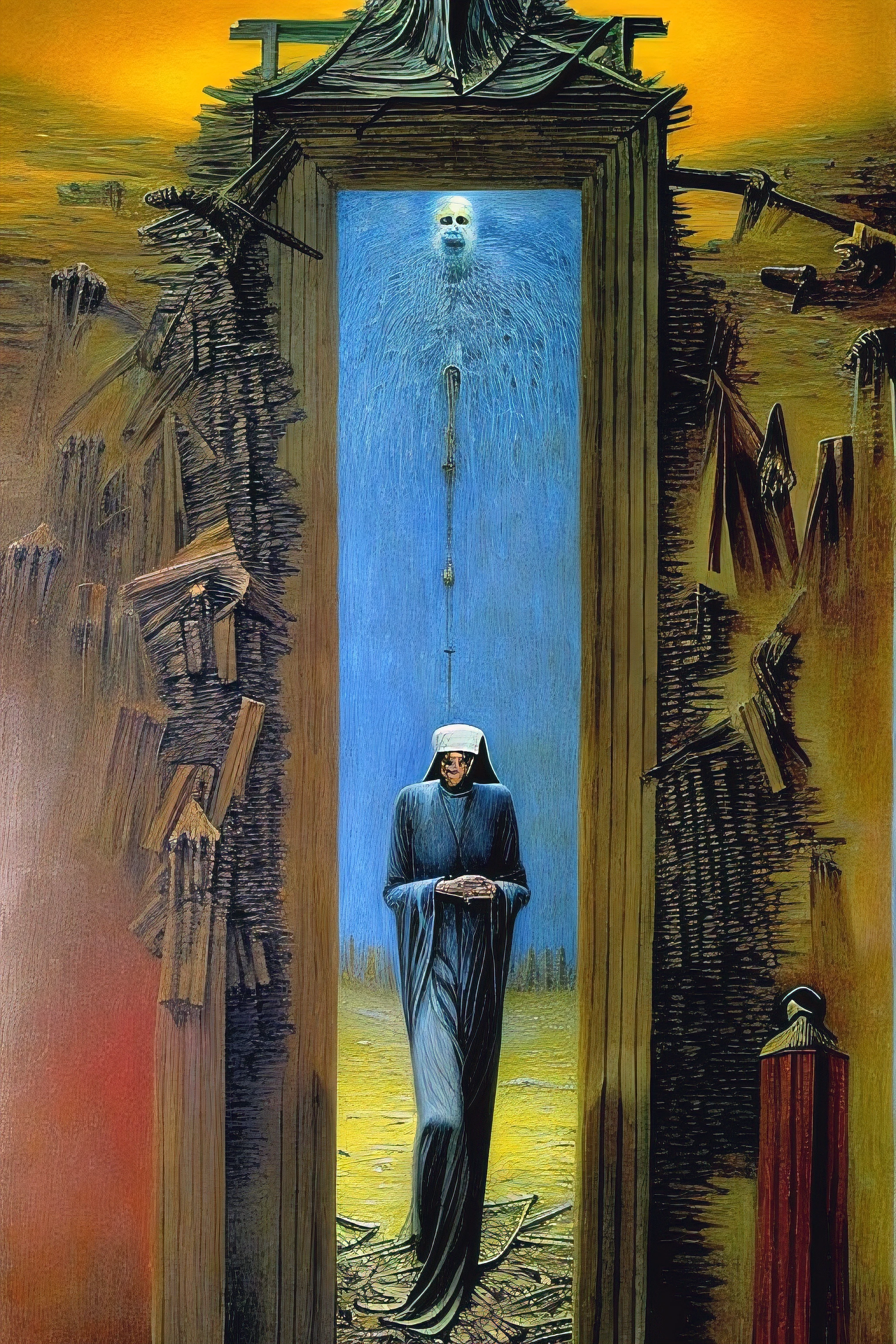 a painting of a nun in a cathedral, disturbing, creepy, gloomy, rotten, dynamic pose high saturation by zdzislaw beksinski