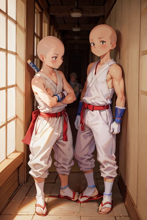 2boy, ninja hattori boy, serious, detail, ninja, sneak in corridor of Japan castle, white costume, White clothes, White mask, gloves, socks, sandals, red belt, dim light, epic, Bald head, shave head, hairless, like monk, ikkyusan, long pants, less skin reveal,