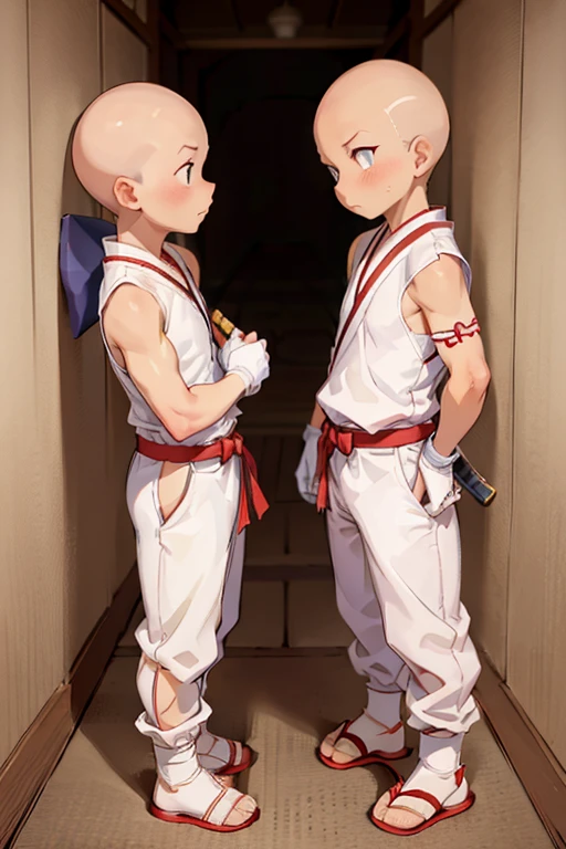 2boy, ninja hattori boy, serious, detail, ninja, sneak in corridor of Japan castle, white costume, White clothes, White mask, gloves, socks, sandals, red belt, dim light, epic, Bald head, shave head, hairless, like monk, ikkyusan, long pants, less skin reveal,