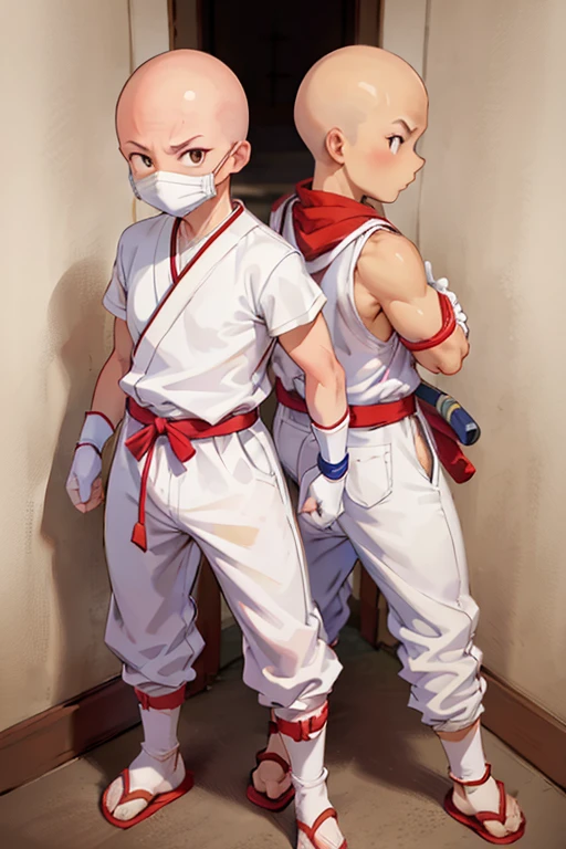 2boy, ninja hattori boy, serious, detail, ninja, sneak in corridor of Japan castle, white costume, White clothes, White mask, gloves, socks, sandals, red belt, dim light, epic, Bald head, shave head, hairless, like monk, ikkyusan, long pants, less skin reveal,