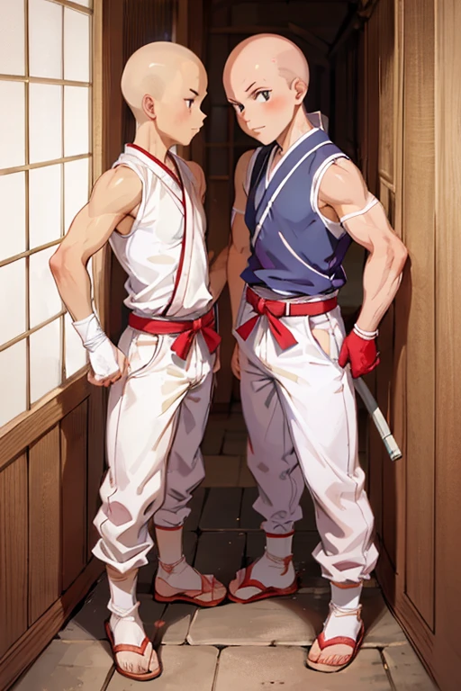 2boy, ninja hattori boy, serious, detail, ninja, sneak in corridor of Japan castle, white costume, White clothes, White mask, gloves, socks, sandals, red belt, dim light, epic, Bald head, shave head, hairless, like monk, ikkyusan, long pants, less skin reveal,