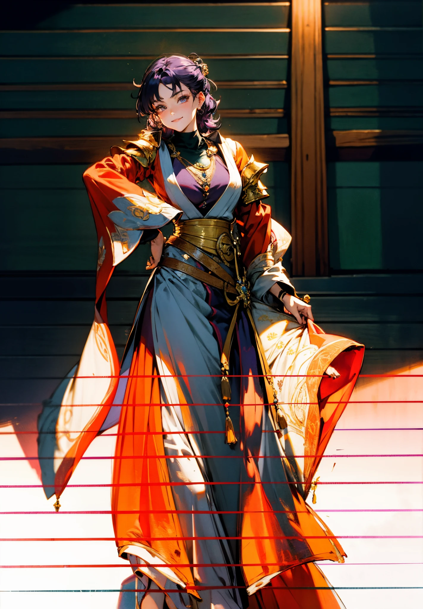 A mature woman, medium-length black-purple hair, curly bangs, sly eyes, a playful smile, an elegant and wise demeanor, a simple fantasy martial arts-style orange two-piece dress with a long skirt, wide sleeves, a flowing hem, Gracefully strolling in an ancient building towering among the mountains, this character embodies a finely crafted fantasy martial arts-style female warrior in anime style, exquisite and mature manga art style, high definition, best quality, highres, ultra-detailed, ultra-fine painting, extremely delicate, professional, anatomically correct, symmetrical face, extremely detailed eyes and face, high quality eyes, creativity, RAW photo, UHD, 8k, Natural light, cinematic lighting, masterpiece-anatomy-perfect, masterpiece:1.5