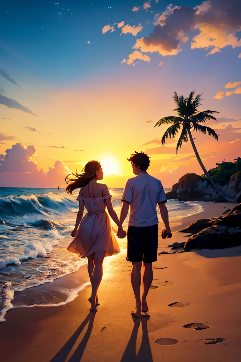 a couple in a romantic, natural setting,holding hands,walking along a sandy beach,warm sunset colors,gently crashing waves,soft sand,dreamy atmosphere,twinkling stars in the sky,gentle breeze,whispering palm trees,tropical paradise,serene and peaceful,masterpiece:1.2,highres,ultra-detailed,romantic and intimate,portraits,photorealistic,soft and warm color tones,warm and golden lighting