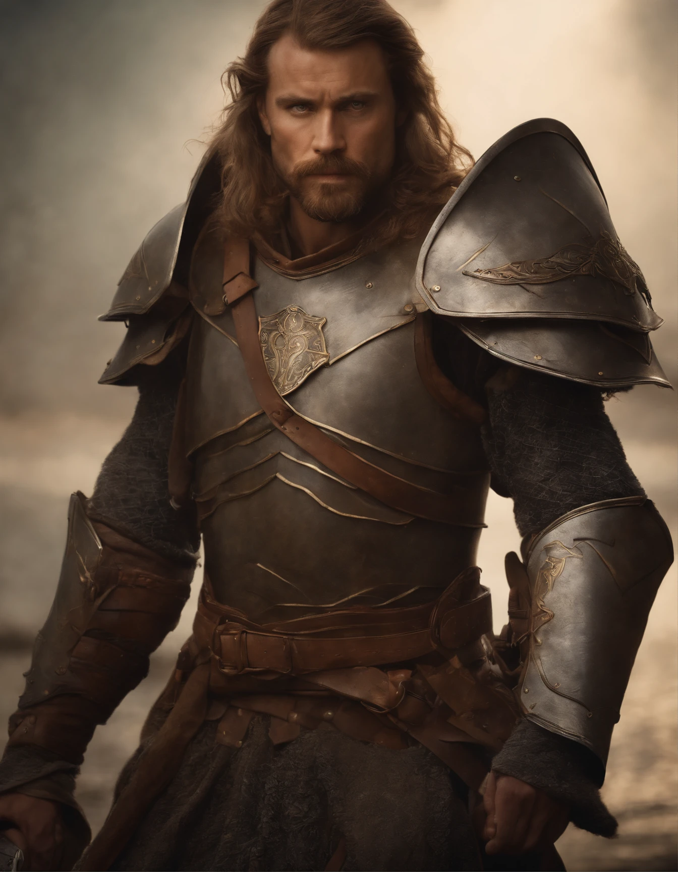 A portrait strong and handsome man of 30 years of war in scale armor against a background of lightning, fantasy, light brown hair and light stubble, fantasy, warrior, short hair, (masterpiece), 8k, carl larsson and brian froud and john william waterhouse style, athletic, art DnD 5e, Viking, beard, medium armor