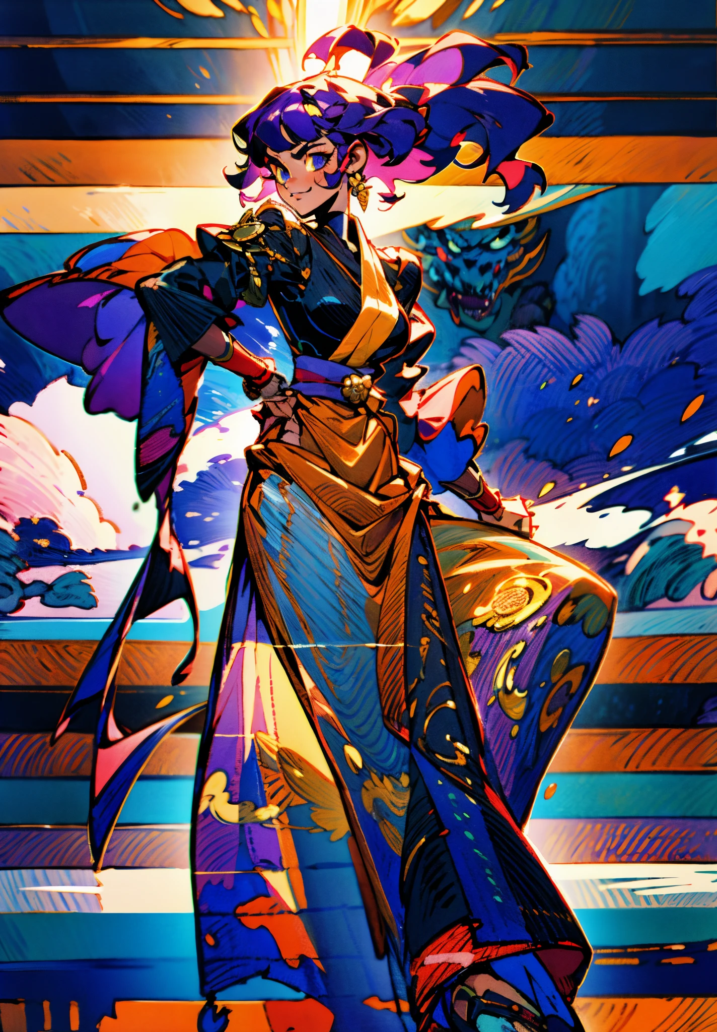 A mature woman, medium-length black-purple hair, curly bangs, sly eyes, a playful smile, an elegant and wise demeanor, a simple fantasy martial arts-style orange two-piece dress with a long skirt, wide sleeves, a flowing hem, Gracefully strolling in an ancient building towering among the mountains, this character embodies a finely crafted fantasy martial arts-style female warrior in anime style, exquisite and mature manga art style, high definition, best quality, highres, ultra-detailed, ultra-fine painting, extremely delicate, professional, anatomically correct, symmetrical face, extremely detailed eyes and face, high quality eyes, creativity, RAW photo, UHD, 8k, Natural light, cinematic lighting, masterpiece-anatomy-perfect, masterpiece:1.5