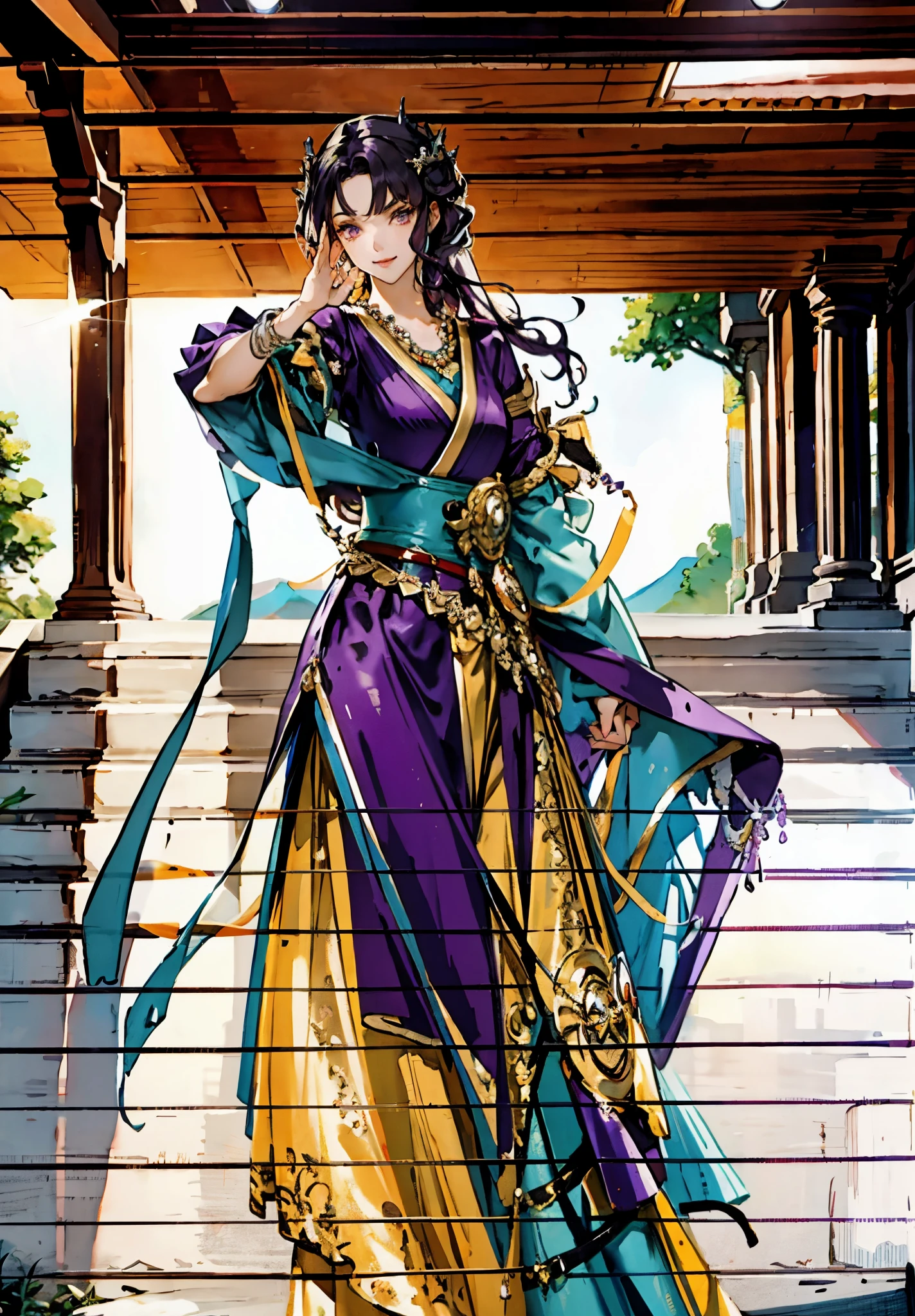 A mature woman, medium-length black-purple hair, curly bangs, sly eyes, a playful smile, an elegant and wise demeanor, a simple fantasy martial arts-style orange two-piece dress with a long skirt, wide sleeves, a flowing hem, Gracefully strolling in an ancient building towering among the mountains, this character embodies a finely crafted fantasy martial arts-style female warrior in anime style, exquisite and mature manga art style, high definition, best quality, highres, ultra-detailed, ultra-fine painting, extremely delicate, professional, anatomically correct, symmetrical face, extremely detailed eyes and face, high quality eyes, creativity, RAW photo, UHD, 8k, Natural light, cinematic lighting, masterpiece-anatomy-perfect, masterpiece:1.5