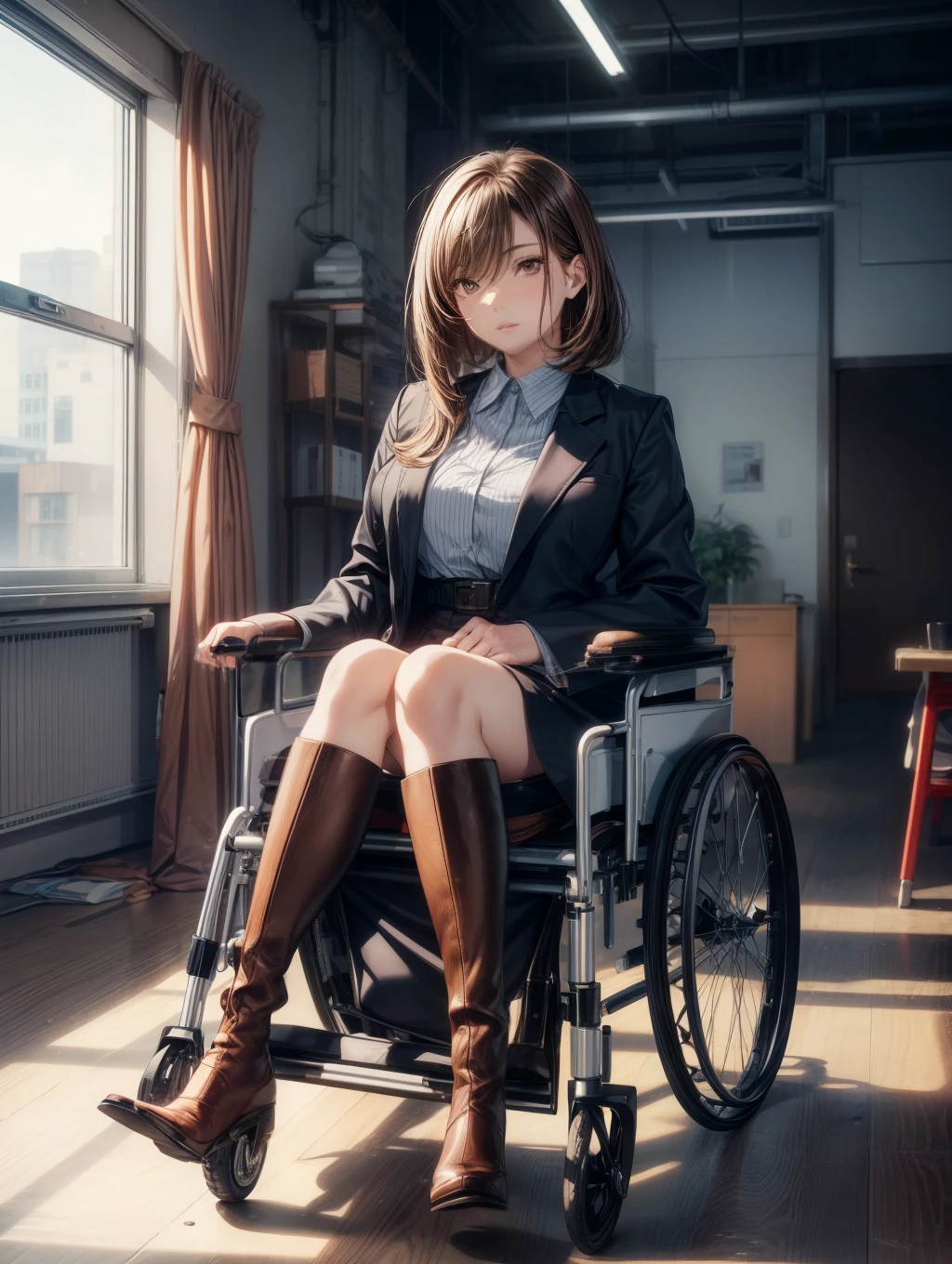 1人の女性、Best Quality, masutepiece, Beautiful mature、Beautiful face、Strong-minded woman、Being in a wheelchair、Office Suits、long boots、artificial leg、brown haired、Brown-eyed、Bob Hair、40 years、adult lady、Full body like、sit with legs apart in a wheelchair