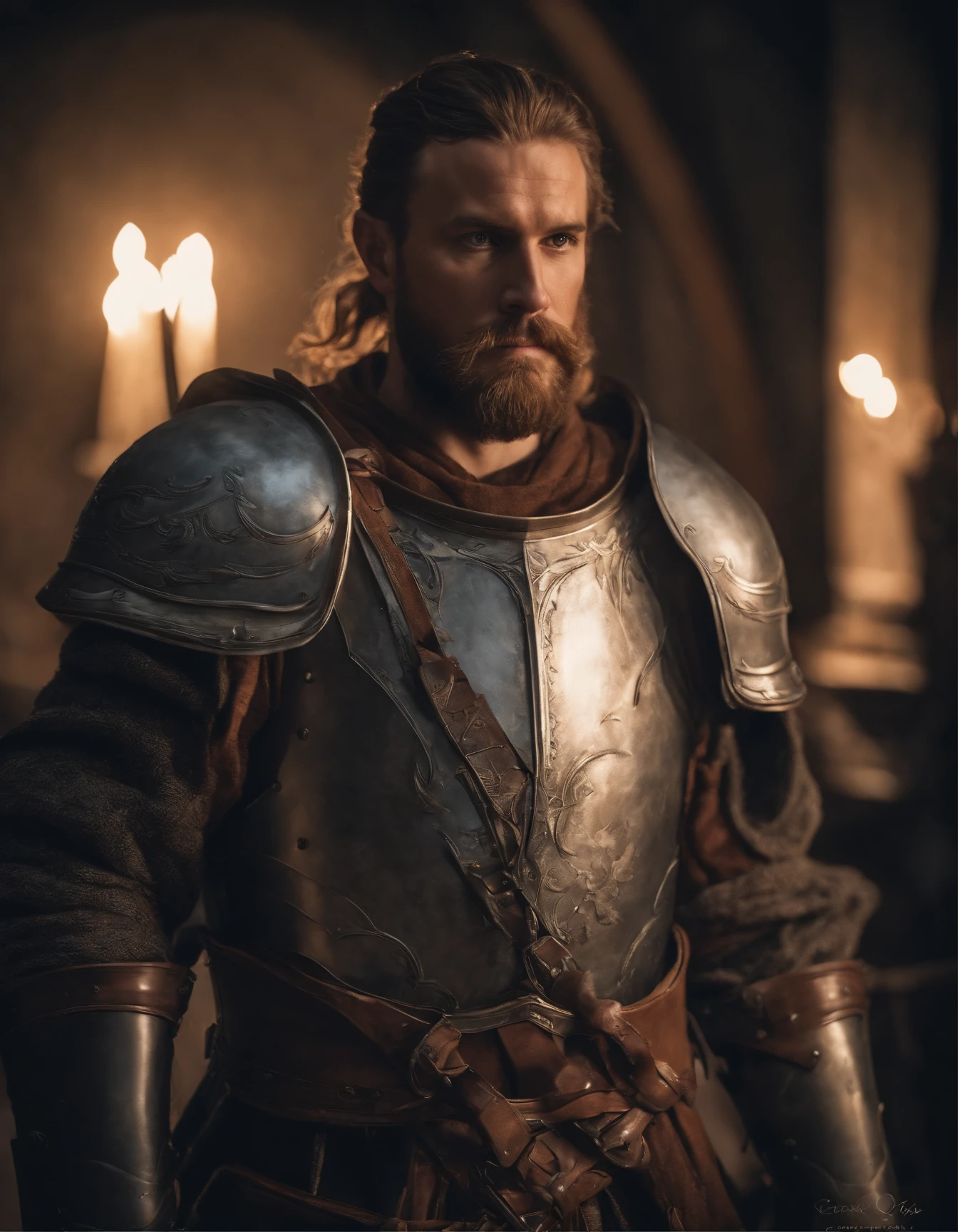 A portrait strong and handsome man of 30 years of war in scale armor against a background of lightning, fantasy, light brown hair and light stubble, fantasy, warrior, short hair, (masterpiece), 8k, carl larsson and brian froud and john william waterhouse style, athletic, art DnD 5e, Viking, beard, medium armor