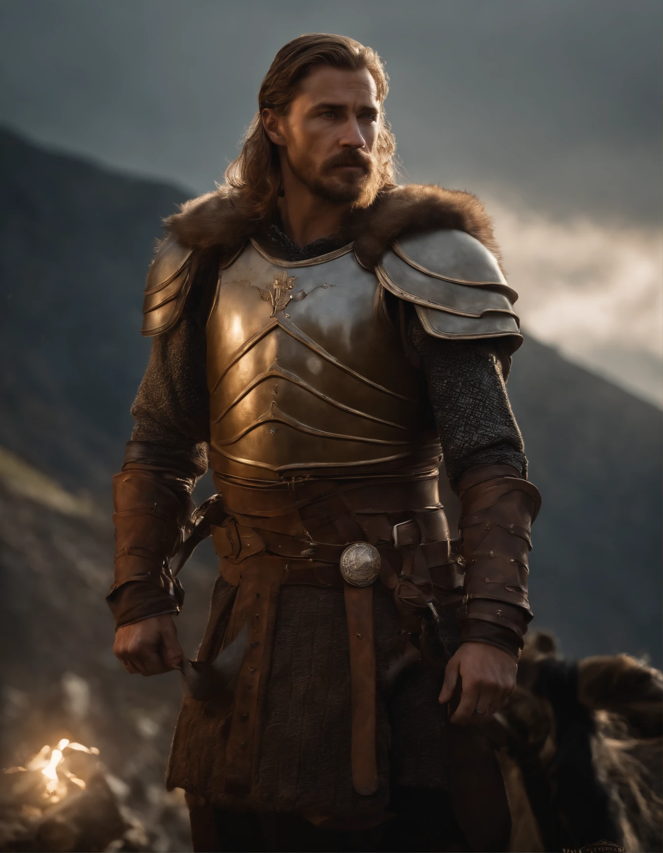 A portrait strong and handsome man of 30 years of war in scale armor against a background of lightning, fantasy, light brown hair and light stubble, fantasy, warrior, short hair, (masterpiece), 8k, carl larsson and brian froud and john william waterhouse style, athletic, art DnD 5e, Viking, beard, medium armor