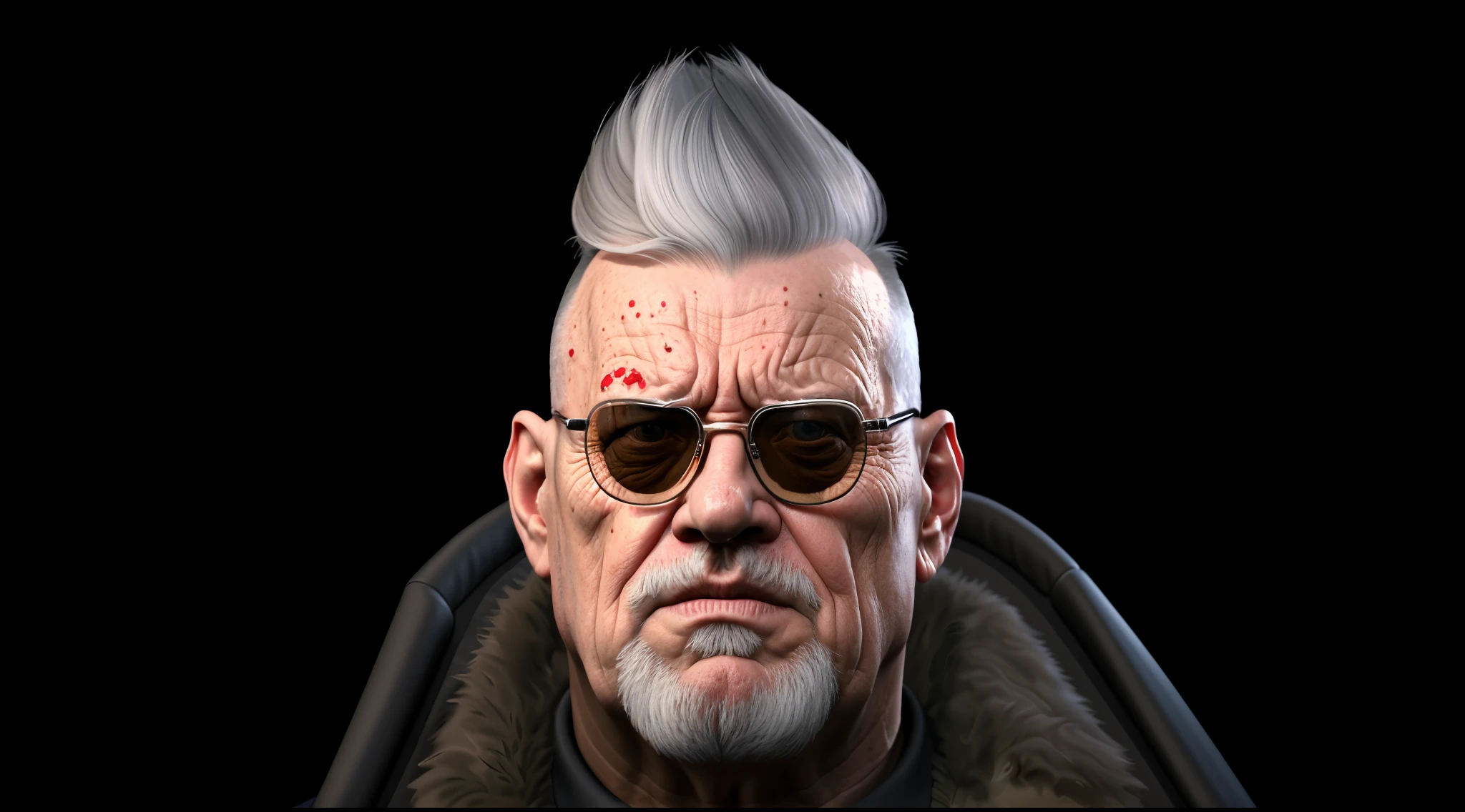 8K masterpiece resolution, ultra detailed. A realistic close-up of an elderly man with a beard and sunglasses, inspired by Karl Kopinski. SFM rendering creates a raw and authentic portrait, merging cyberpunk elements and the aesthetics of Baron Harkonnen from Half-Life 2. | A hyper-realistic portrait of an elderly man with a beard and sunglasses, inspired by Karl Kopinski, portrayed in an 8K masterpiece. The fusion of cyberpunk elements and the aesthetics of Baron Harkonnen, from Half-Life 2, creates a cinematographic work in Studio Cinematic Art style. | The composition highlights the imposing look of the elderly, combining elements of the character Walter White, from Team Fortress 2, with the intensity of Hide the Pain Harold. Cinematic effects enhance the atmosphere and highlight details of the aged face. | A masterpiece that captures the complexity of the portrait, combining influences from Karl Kopinski, Baron Harkonnen, Hide the Pain Harold and the cyberpunk aesthetic of SFM.