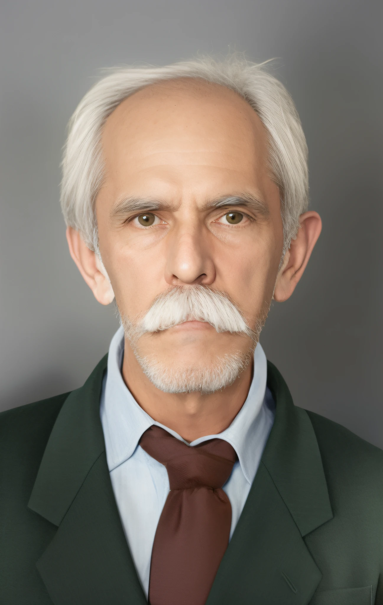 there is a man with a mustache and a suit jacket, Velho com bigode, rosto restaurado realista, inspired by László Eloquent, inspirado em Zbigniew Nowosadzki, inspired by József Borsos, inspirado em Heinrich Herzig, inspired by Stanisław Tondos, inspirado em Stanley Twardowicz
