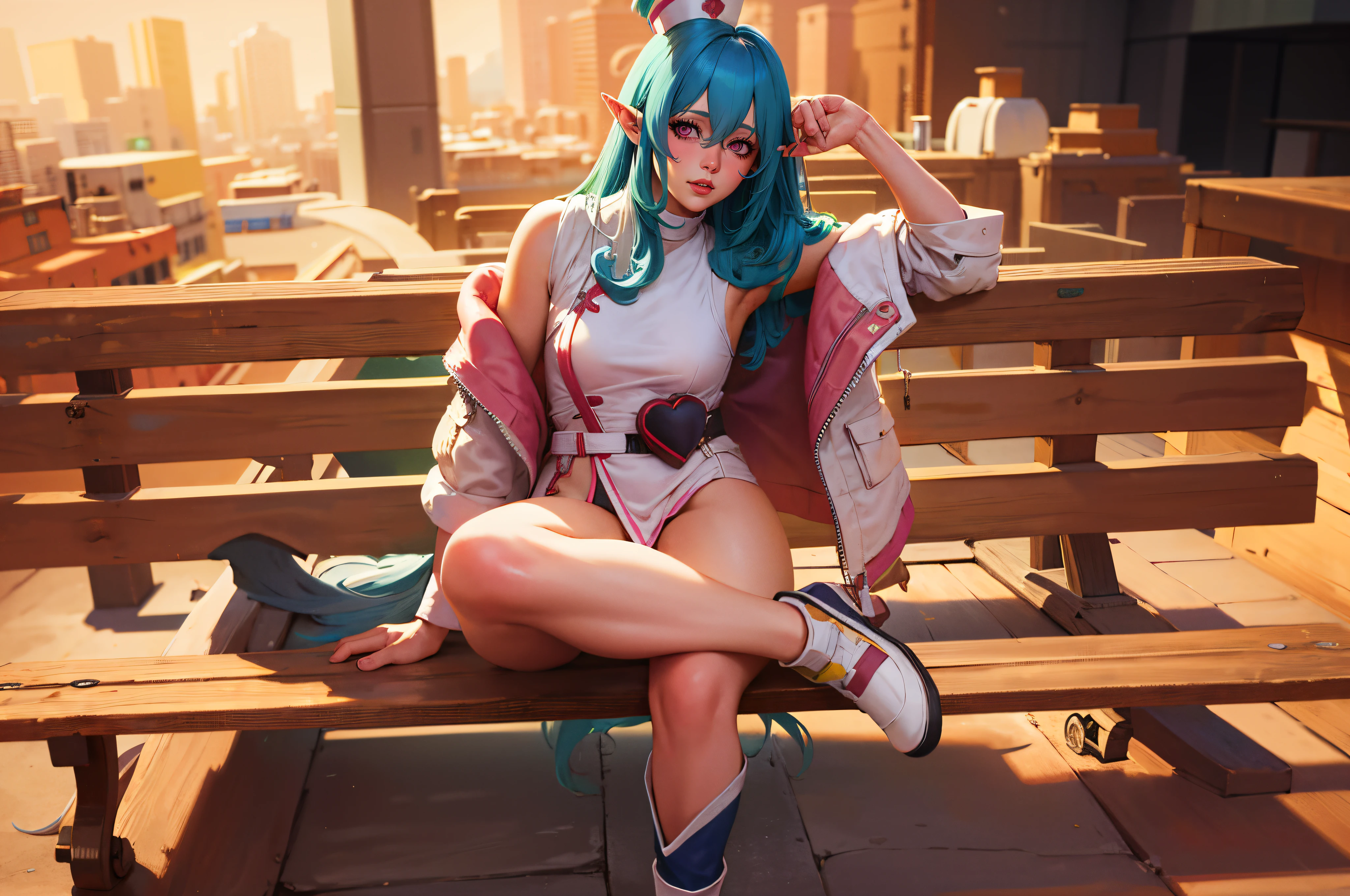 ((big breasts)), 1girl, solo, long hair, looking at viewer, smile, hat, hair between eyes, very long hair, blue hair, multicolored hair, upper body, pink hair, heart, detached sleeves, pointy ears, pink eyes, streaked hair, nurse, nurse cap, (masterpiece,best quality:1.5), "Photorealistic, Hyperrealistic, Hyperdetailed, analog style, soft lighting, subsurface scattering, realistic, heavy shadow, masterpiece, best quality, ultra realistic, 8k, golden ratio, Intricate, High Detail, film photography, soft focus"