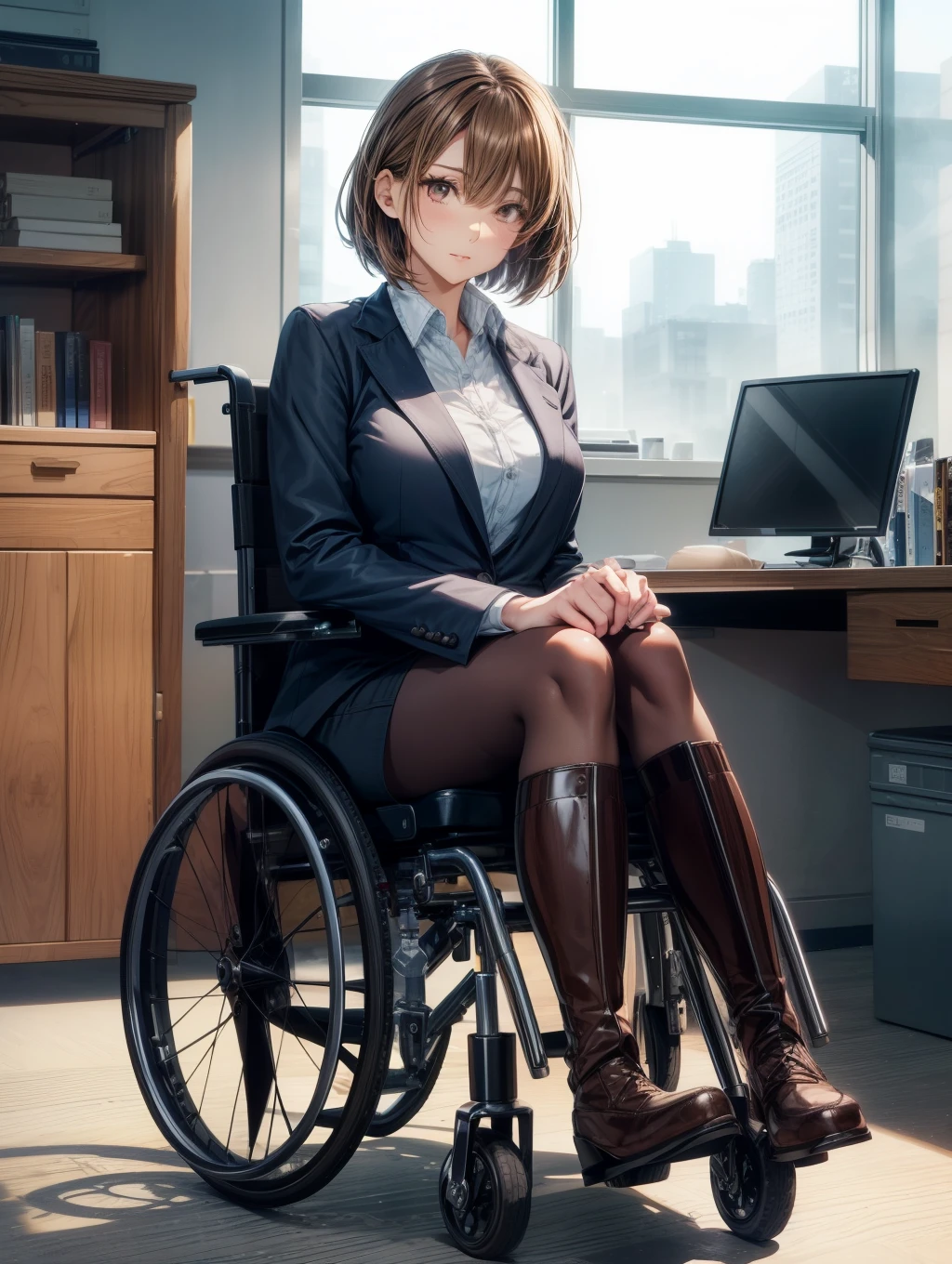 1人の女性、Best Quality, masutepiece, Beautiful mature、Beautiful face、Strong-minded woman、Being in a wheelchair、Office Suits、long boots、artificial leg、brown haired、Brown-eyed、Bob Hair、40 years、adult lady、Full body like、sit with legs apart in a wheelchair