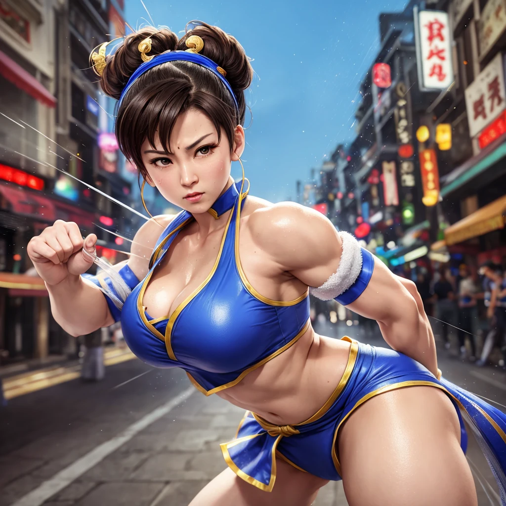 ((woman based on the character chun li)), large breasts, medium hips, high kick action pose,((ultra realistic)), TM Ninja white, Icons, vibrant colors, vector style, digital art, 4k, intricate details, mesmerizing, professionally made, beautiful vector illustration, 12k resolution, ..3d, all characters detailed in full length, ((highly detailed)), ((vibrant)),((Ultra high quality)), ((hyperrealism)), ((photorealism)) , [octan rendering] , in the city, many cars (realistic)