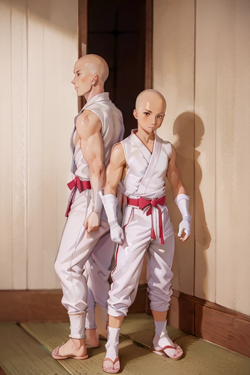 2boy, ninja hattori boy, serious, detail, ninja, sneak in corridor of Japan castle, white costume, White clothes, White mask, gloves, socks, sandals, white belt, dim light, epic, Bald head, shave head, hairless, like monk, ikkyusan, long pants, less skin reveal,