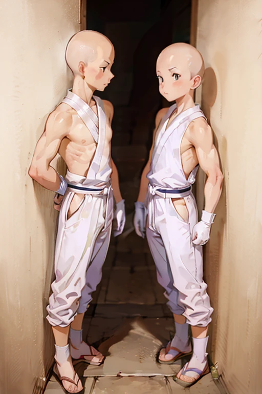 2boy, ninja hattori boy, serious, detail, ninja, sneak in corridor of Japan castle, white costume, White clothes, White mask, gloves, socks, sandals, white belt, dim light, epic, Bald head, shave head, hairless, like monk, ikkyusan, long pants, less skin reveal,