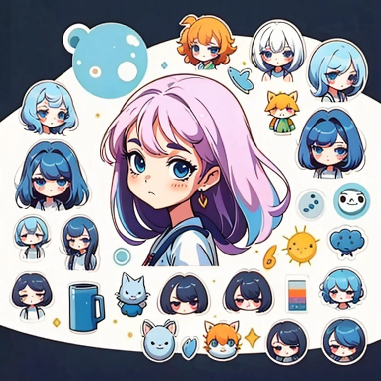 Character design sheet, same character, front, side, back), illustration, 1 girl, hair color, bangs, hairstyle fax, eyes, environment change, white background