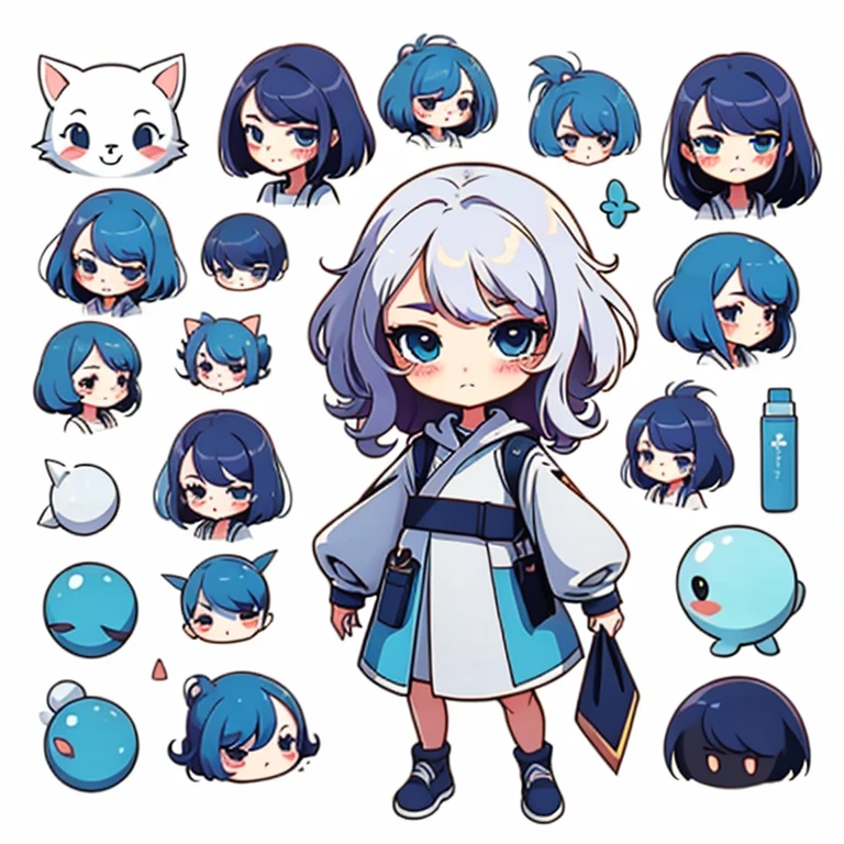 Character design sheet, same character, front, side, back), illustration, 1 girl, hair color, bangs, hairstyle fax, eyes, environment change, white background