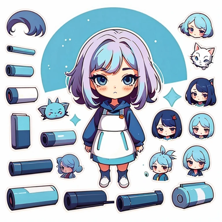 Character design sheet, same character, front, side, back), illustration, 1 girl, hair color, bangs, hairstyle fax, eyes, environment change, white background