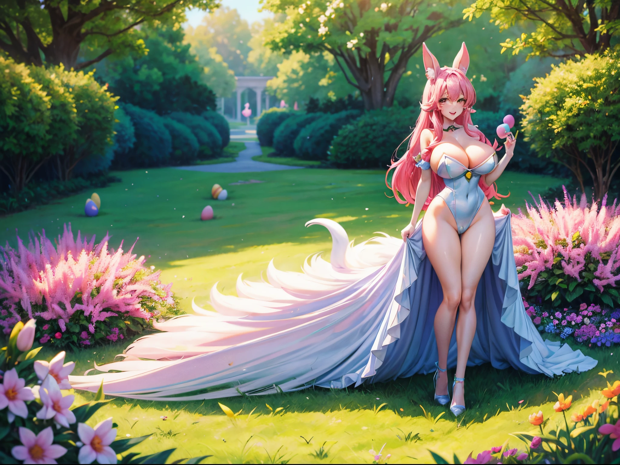 Jessica Rabbit collecting Easter Eggs, sexy, pastel colors, (full body:1.5), large breast, vibrant spring atmosphere, playful expression, long ears, fluffy tail, blooming flowers, lush green grass, sunny day, soft lighting