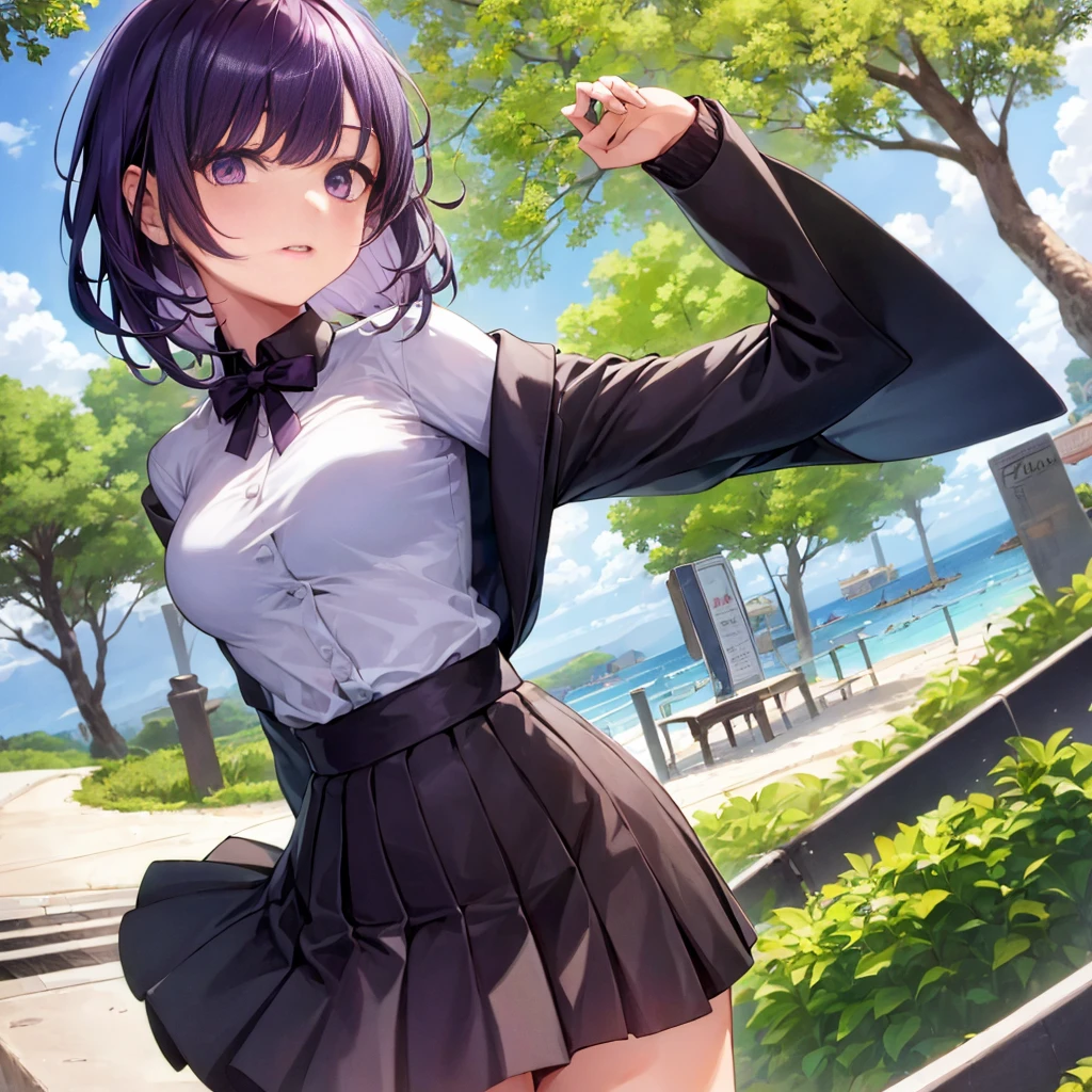 (((1girl))), up hands, cabelos longos, camiseta do tanque, suit jacket, ombro aberto, cowboy shot, sbikini, Middle breast, fundo branco, boca aberta, Extends the language to viewers, Purple eyes, Liberado, Raiden Shogun