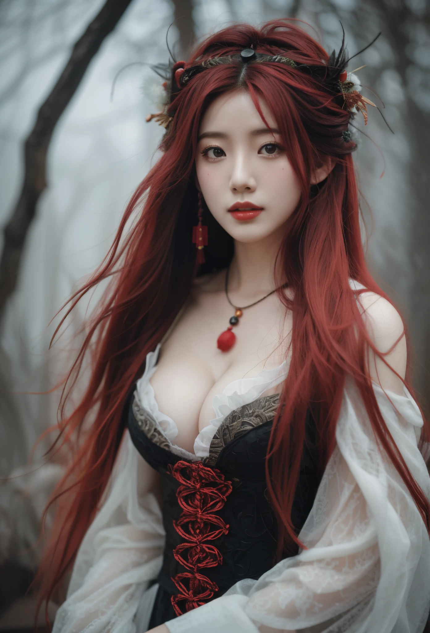 1个Giant Breast Girl,long and fluffy hair,redheadwear,Chinese fantasy theme,messy  hair,filmgrain,Foggy sections,Black theme Tyndall,Large breasts,sexy for,