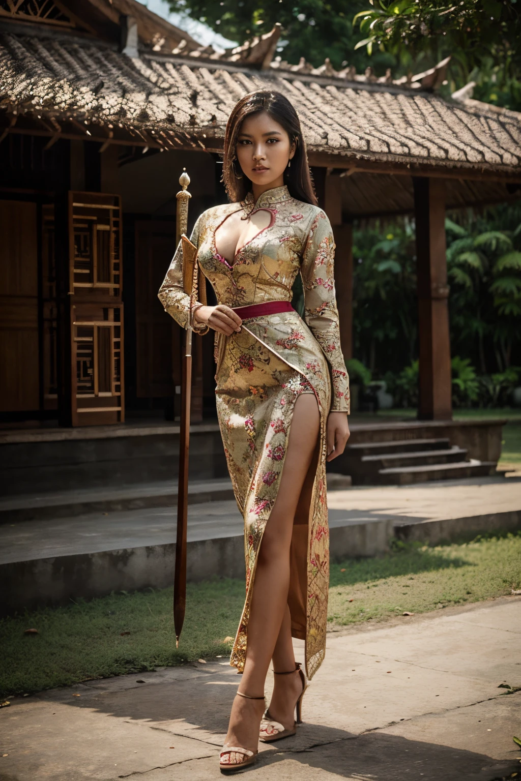 (best quality, masterpiece:1.2), An indonesian woman, fullbody, outdoors, wears kebaya, wielding keris, sexy, beautiful, detailed, serious expression