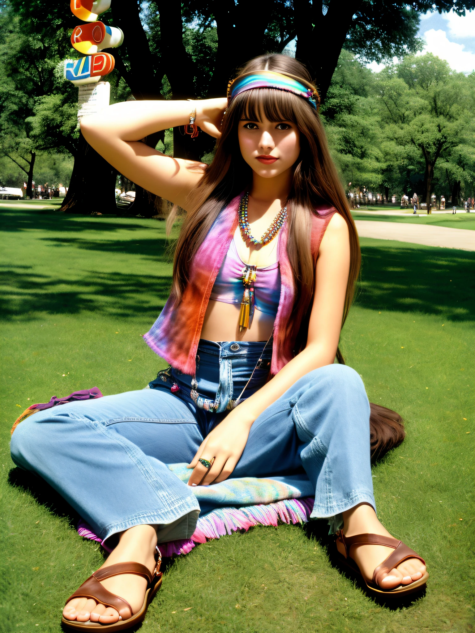 beautiful young woman with long, straight brown hair, wearing hippie clothing, late 1960s style, long bell bottom blue jeans, tie-dye t-shirt, brown fringed leather vest, seed bead necklace, peace sign headband, sandals, sitting cross-legged on the grass in a park