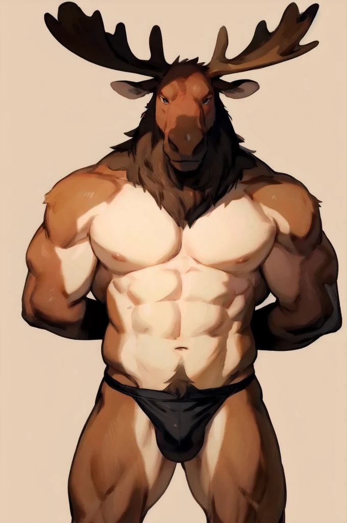 Solo, Furry, Anthro, Moose, Male, E621, Standing, Muscular, Hands behind back, Wearing underwear, Plain background, Front view, Light skin tone, By bebebebebe