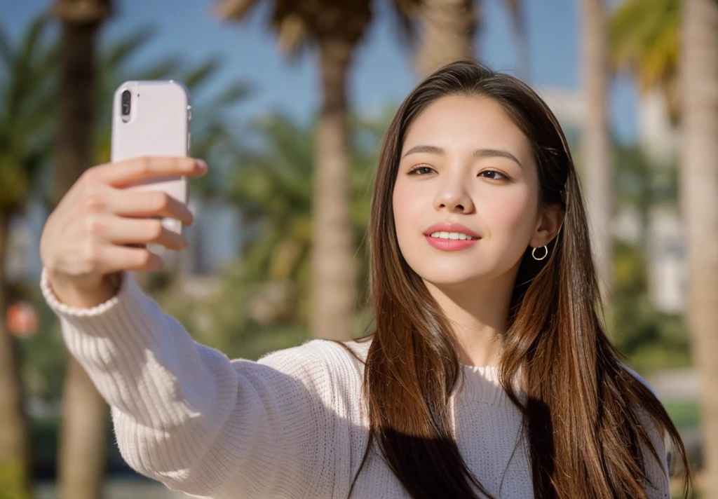 A woman takes a selfie with her mobile phone in front of a palm tree, selfie photography, Selfie of a young woman, self-shot, 8K selfie photo, Accidentally took a selfie, iphone selfie, smartphone photography, smartphone photo, self-shot, front-facing looking at camera, Instagram selfie, photographed, She holds a smartphone, Selfie Photos, phone photo