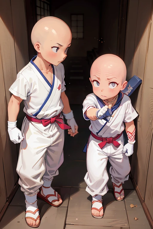 2boy, ninja hattori boy, serious, detail, ninja, sneak in corridor of Japan castle, white costume, White clothes, White mask, gloves, socks, sandals, red belt, dim light, epic, Bald head, shave head, hairless, like monk, ikkyusan, long pants, less skin reveal,