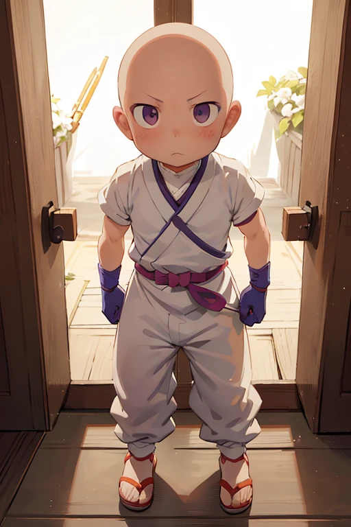 2boy, ninja hattori boy, serious, detail, ninja, sneak in corridor of Japan castle, white costume, White clothes, White mask, gloves, socks, sandals, red belt, dim light, epic, Bald head, shave head, hairless, like monk, ikkyusan, long pants, less skin reveal,